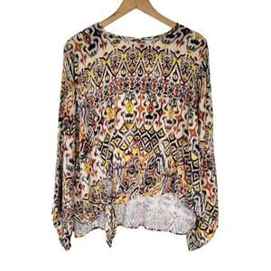 Fourteenth Place Boho Asymmetrical Long Sleeve Top Women Size L Earth Tones